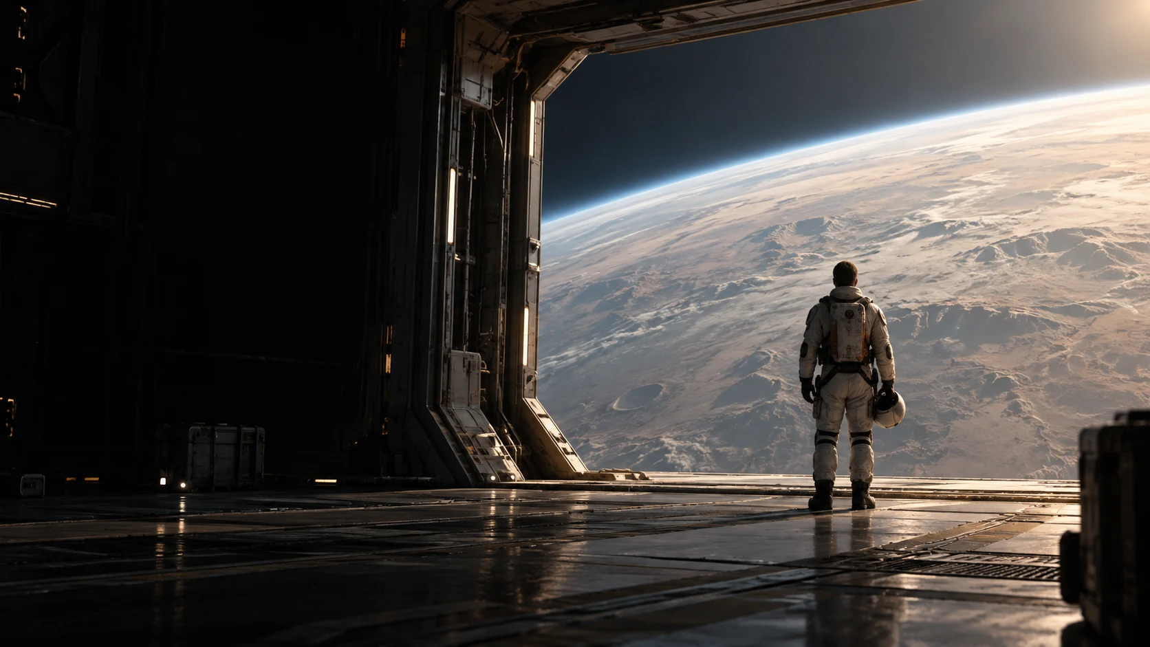 An explorer standing in a spacecraft doorway, looking out over a pale planet.